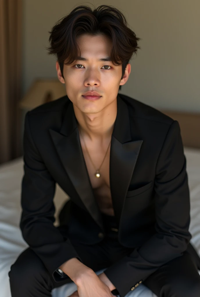 (photorealism:1.2) hot young man, no facial hair, asian, perfect face, pale white skin, brown eyes , brown hair, fluffy hair, Overgrown Side and Back hair with a Long Messy Fringe, sleek hair, handsome man sitting on bed in an all black suit