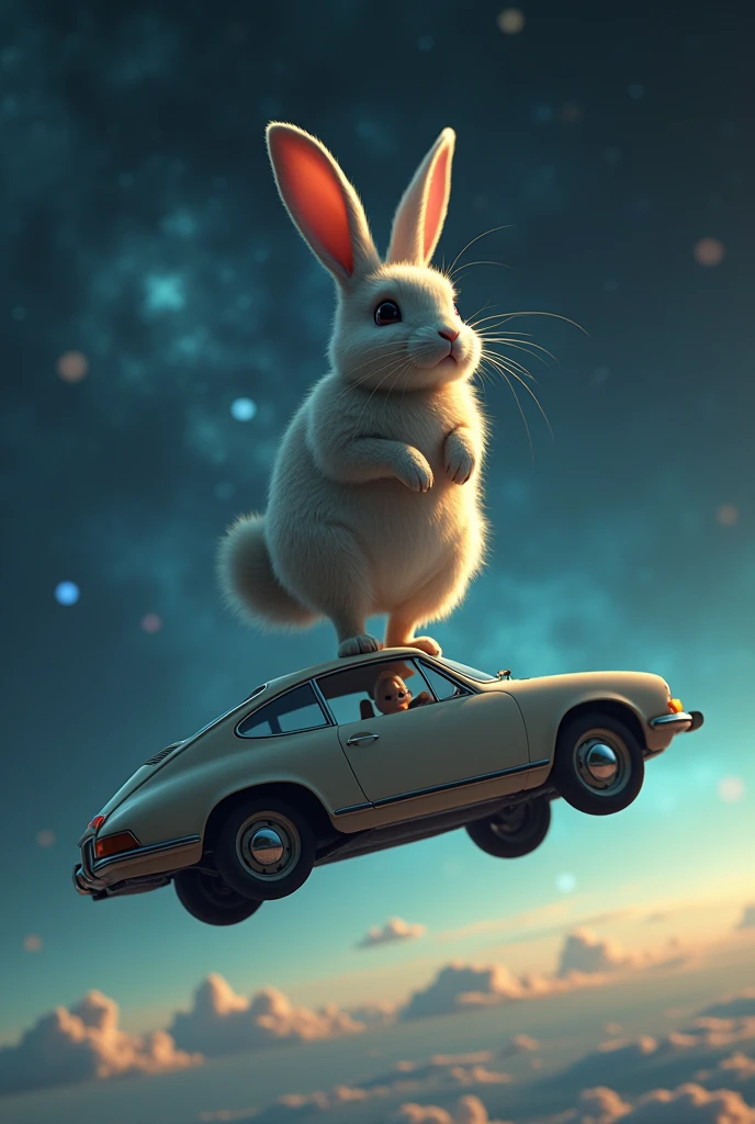 A rabbit with legs on top of a car in space