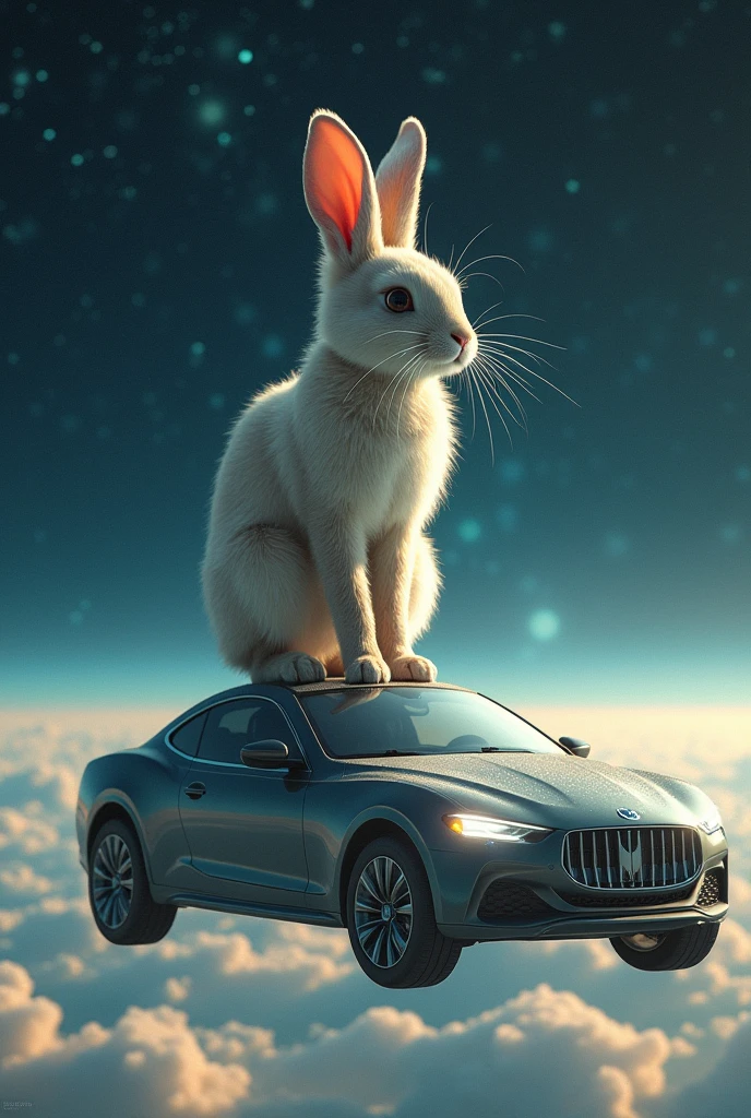 A rabbit with legs on top of a car in space 