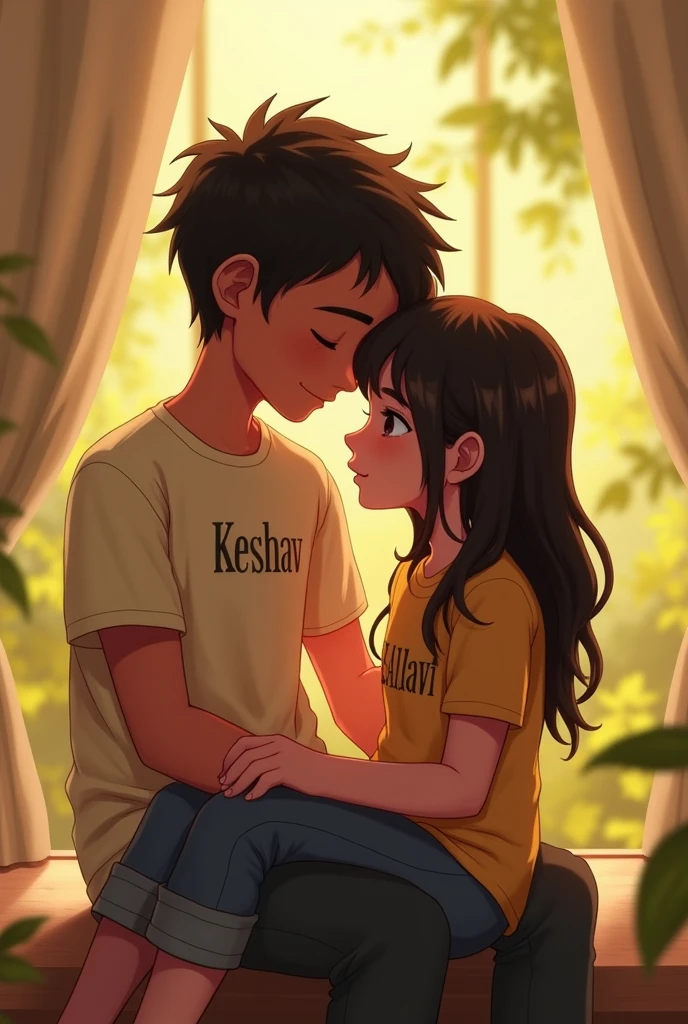 A BOY WHO IS WEARING T SHIRT WRITEN HIS NAME KESHAV AND A GIRL IS SITTING IN HIS LAP WEARING T SHIRT NAME PALLAVI