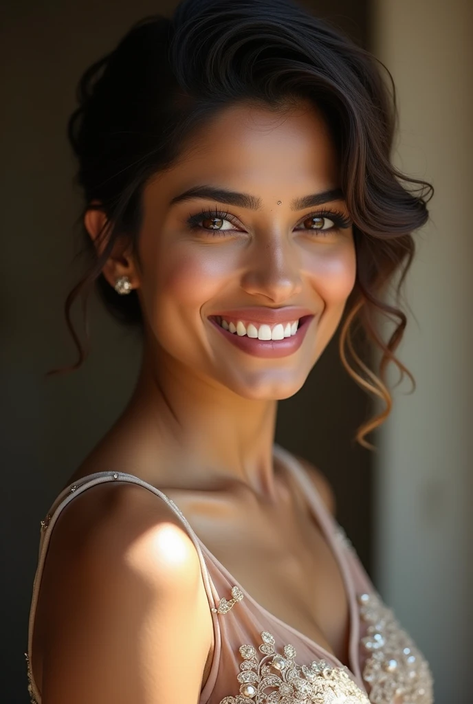 There is a young, Beautiful indian woman, who looks to the future like Katrina Kaif, Smiles into the camera, beautiful teeth, She looks into the camera, a portrait from raw photo, body, conservative modern color dress, ((hair Pixie Cut)),