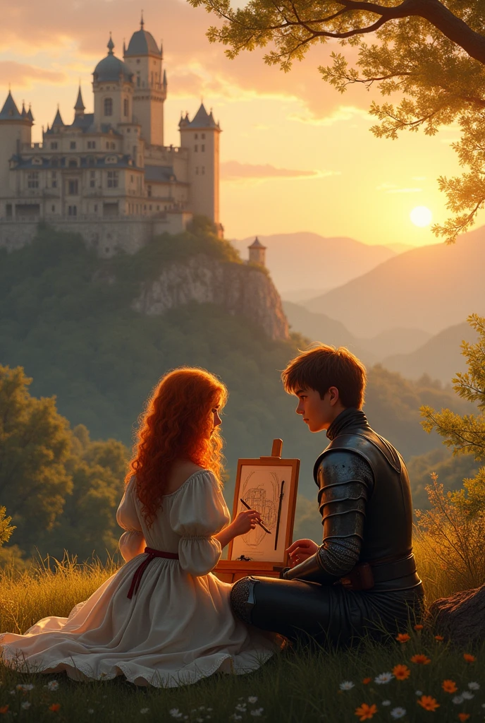 Create a romantic and poignant scene set in the Asaltos Hills with Sherton Castle visible in the distance. In the foreground, feature Gloria and Harold seated together on a grassy knoll. Gloria, with her curly, orange hair, is dressed in period-appropriate attire, perhaps a flowing gown that reflects the 14th century. She is sketching on a canvas, capturing the view of Sherton Castle and the surrounding landscape. Harold, in his youthful and sturdy medieval armor, is seated beside her, looking at her with affection and a hint of melancholy. The castle should be depicted as an imposing yet majestic structure perched on a distant hill, with its stone walls and towers partially shrouded in mist. The scene should be bathed in the warm, golden light of a setting sun, casting a soft glow over the couple and emphasizing the emotional depth of their moment. The atmosphere should convey both the serenity of their surroundings and the bittersweet nature of their parting.