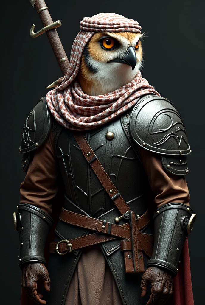 The image shows an owl dressed as an Arab warrior., (((Wearing a roll of Arab rag on his head))), ((( And in his hand the Damascus sword))), Facing right with head tilted slightly upwards. He wears detailed armor resembling traditional Arab armor., Complete with intricate designs and patterns.. The shields are primarily black with silver accents., Adding visual depth., His eyes focused on something in the distance.. Sheathed sword on the back of the owl, indicating readiness for battle or a celebratory posture., Create a dramatic and intense atmosphere., Retina, precise, Masterpiece, Superior detail, High detail, Best quality, Award winning, High accuracy, High resolution, 4K, 8 k, 16 kg, Retina, precise, Masterpiece, Anatomically correct, Textured leather, Superior detail, High quality, Award winning, High accuracy, 8 k, 16 kg