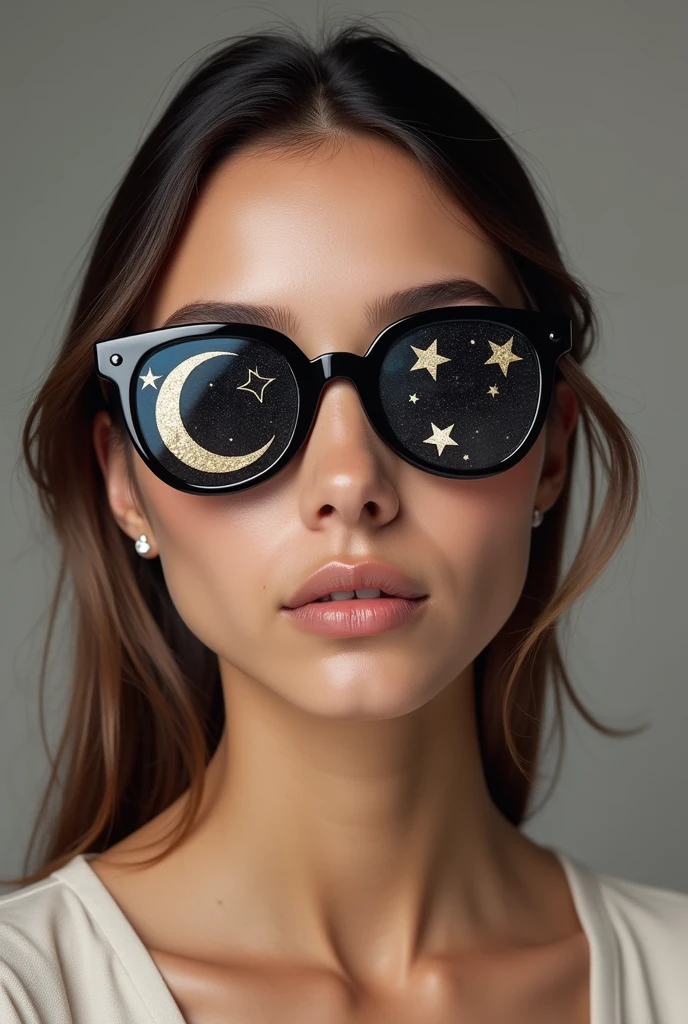 The model is wearing glass sunglasses with stars and the moon on the glass