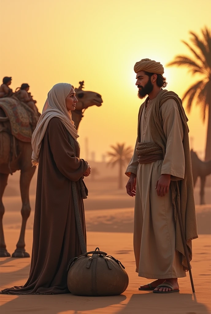 Many people are walking in rows across the Arabian desert. There is an old woman talking to a handsome bearded young man. The young man has a very charming face. Beside them is a heavy bag on the ground.
The position of the old lady will dominate the scene.
They were wearing Arabic clothes.
The sun has risen in the eastern sky and a chill is flying in the sky.
They had various putli on their heads and hands. Some camels were with them.