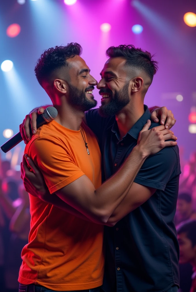 Two men hugging and kissing、30 years old、male、Japanese、very handsome、full-naked、abs、Pectoral muscle、open legs、spread legs、body hair、smile、firework、night