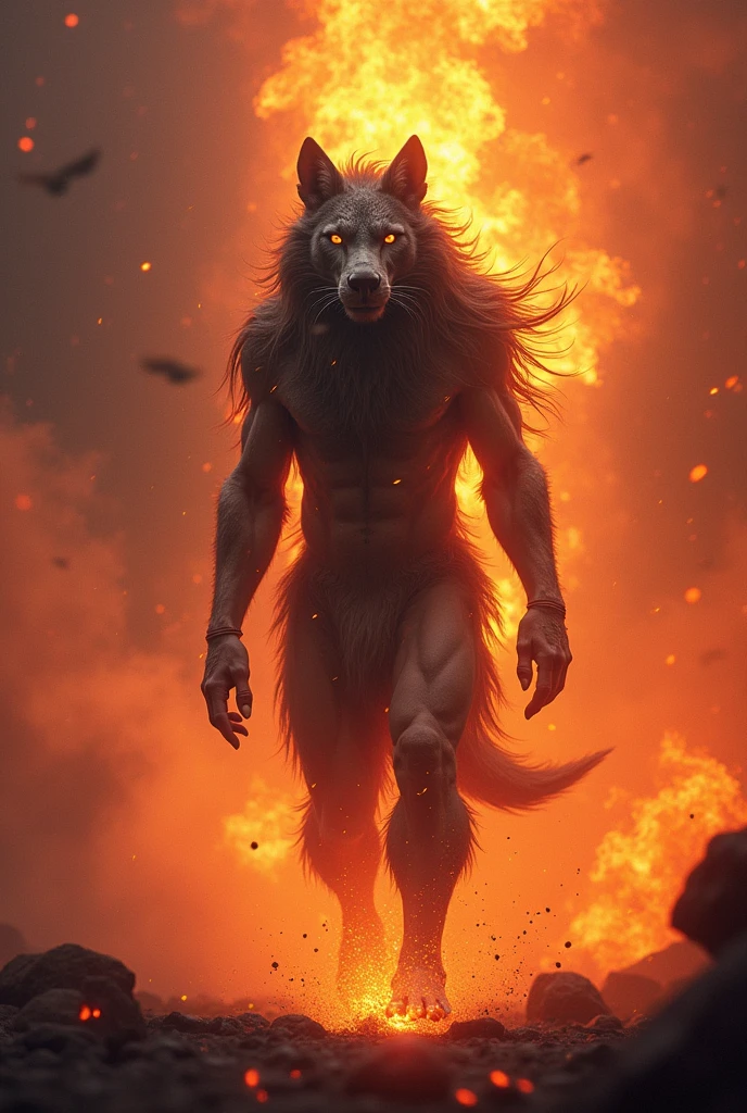 Dans un éclat de lumière vive et de couleurs vibrantes, émerge un être fascinant. Ce personnage, mi-homme mi-animal, semble tout droit sorti d'un conte fantastique. Sa silhouette majestueuse se découpe sur un fond flamboyant, chaque détail de son corps unissant la force brute de l'animal et la sagesse millénaire de l'homme. Ses yeux, perçants et envoûtants, racontent une histoire ancienne, pleine de mystère et de magie. Dans ce monde où les frontières entre réalité et fiction s'effacent, il inca