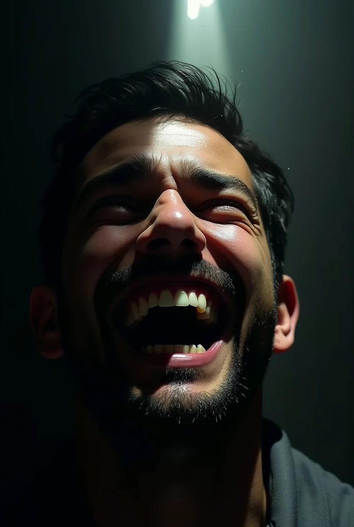 man half crying half laughing between dark and the light