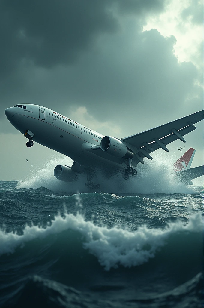 Create a photo of a plane in the sky and falling into the water