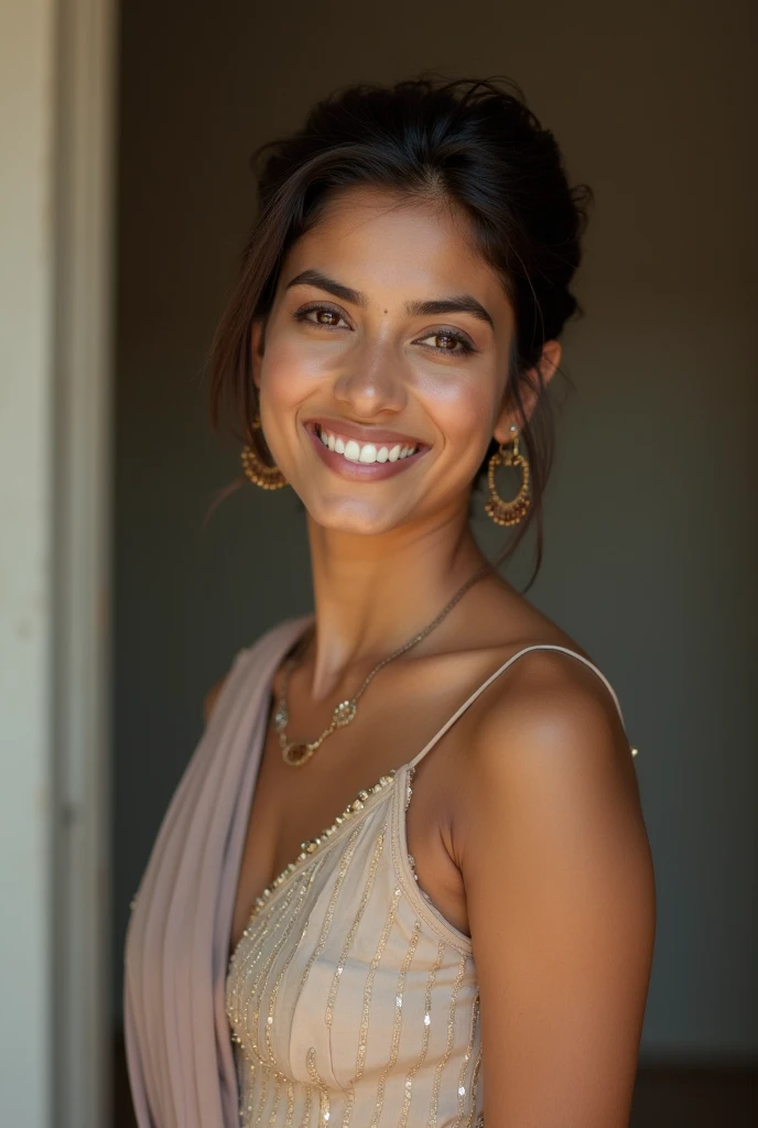 There is a young, Beautiful indian woman, who looks to the future like Katrina Kaif, Smiles into the camera, beautiful teeth, She looks into the camera, a portrait from raw photo, body, conservative modern color dress, ((hair Pixie Cut)), 
