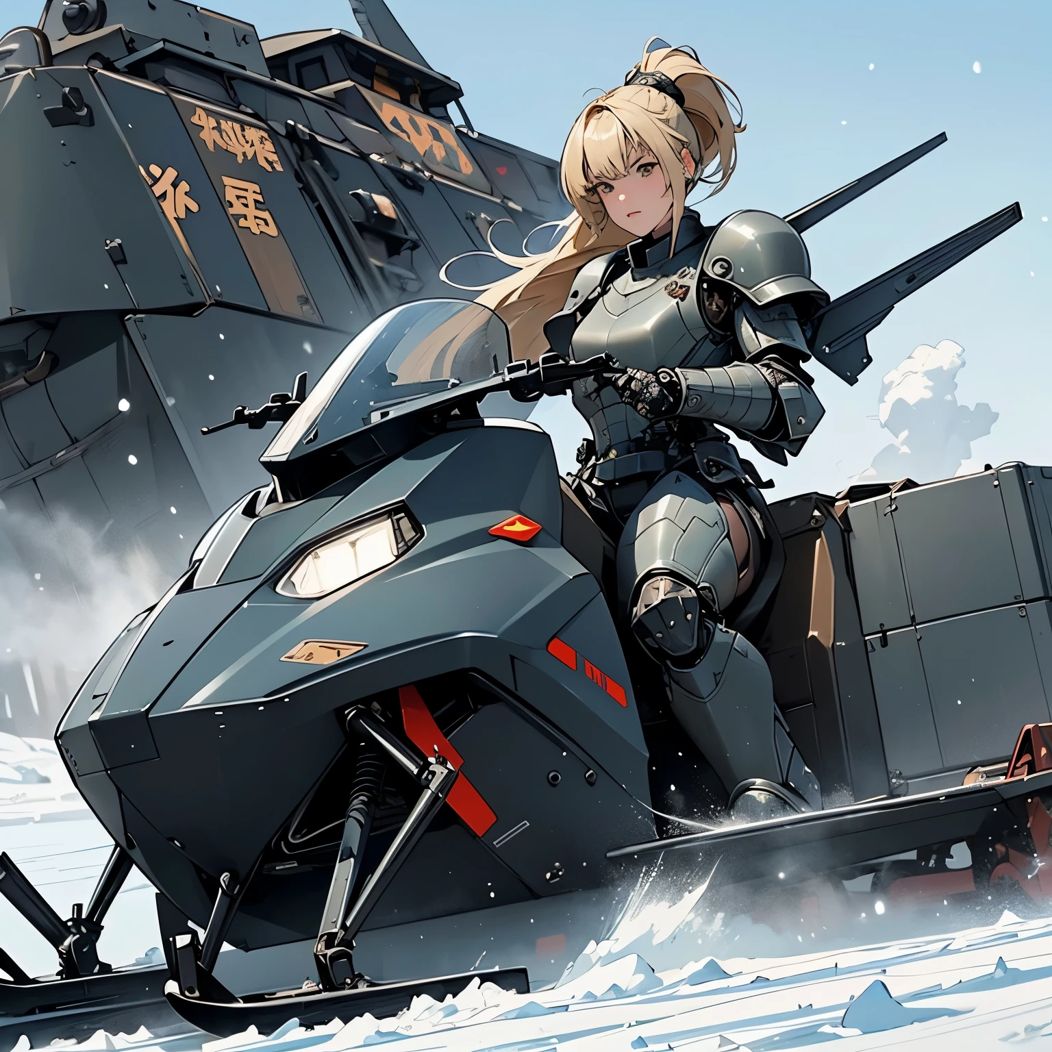 nsfw, anime screencap, 16K, perfect anatomy proportion body, perfect hands, action, A dynamic composition with a sense of speed and movement, (open cockpit, Ride a heavily armored steam-powered military snowmobile:1.6), a wife, 40age, perfect beautiful delicate sexy face, perfect beautiful delicate eyes, blonde hair, blunt bangs ponytail, flat chest, abs, Camouflage-colored heavy armored steam engine full armor powered suit, Many heavily armored robot soldiers are engaged in a firefight in the background., Flying bullets, Snowy Battlefield, war, Post-apocalyptic,