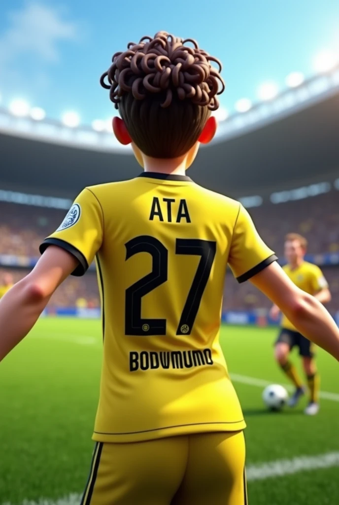 A white soccer player with brown curly hair, Borussia Dortmund, yellow shirt and number 27 with the name ATA written on the back of the shirt is facing backwards playing football in 3D animation.