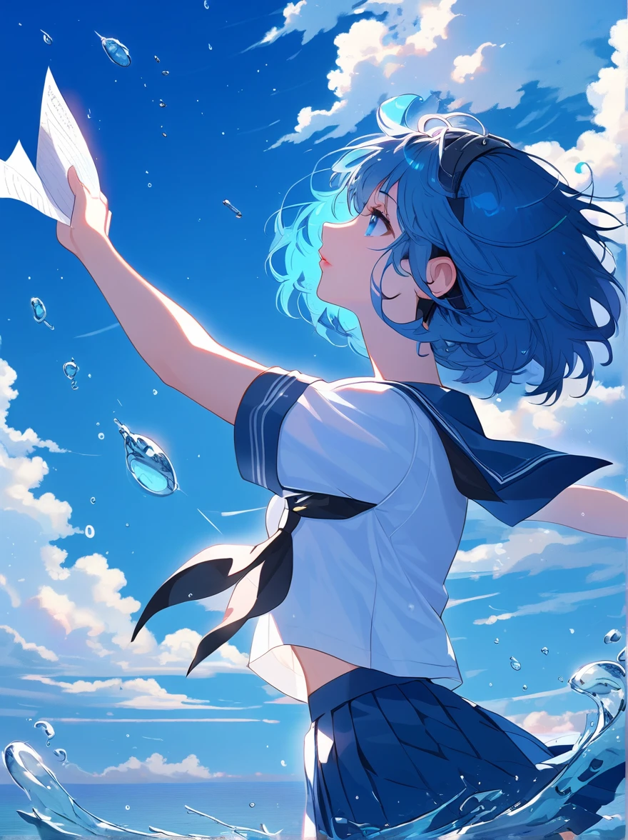 masterpiece,material,One girl,alone,Headphones,short hair,skirt,school uniform,blue skirt,Sailor collar,Seraphim,null,Blue Hair,neckerchief,Short sleeve,blue eyes,white shirt,shirt,Water Drop,cloud,blue Sailor collar,pleated skirt,From the side,paper,black neckerchief,Lips parted,Day,profile,Raise your arms,look up,evening