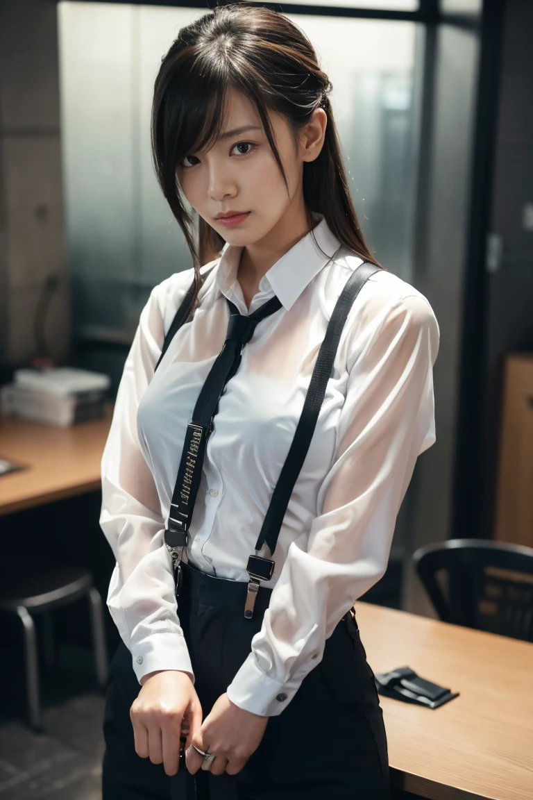a woman in a suit, belt, hands behind back, sweating, suspenders, black pants, sexly, large breasts, see-through clothing, rain, detective, office worker, white button-up shirt, (best quality,4K,8k,highres,masterpiece:1.2),ultra-detailed,(realistic,photorealistic,photo-realistic:1.37),hyper-detailed,highly detailed face and body, Slender thin suspenders Moderate breasts See-through shirt Nipples holster chain Pistol Armament criminal Female criminal knife japanese profile Japanese women arrested handcuff belt