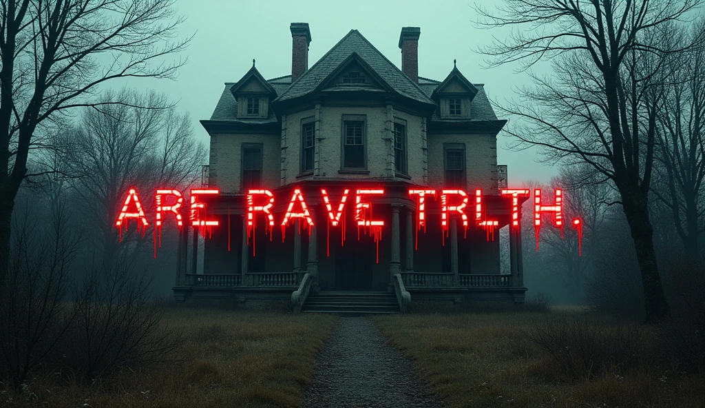 Wrote the text "Are you brave enough to face these unsettling truths?" appearing in a glitchy, ominous font. The background of the picture should include the image of an abandoned big house.
Make it spooky. Make it vibrant and hyper realistic.