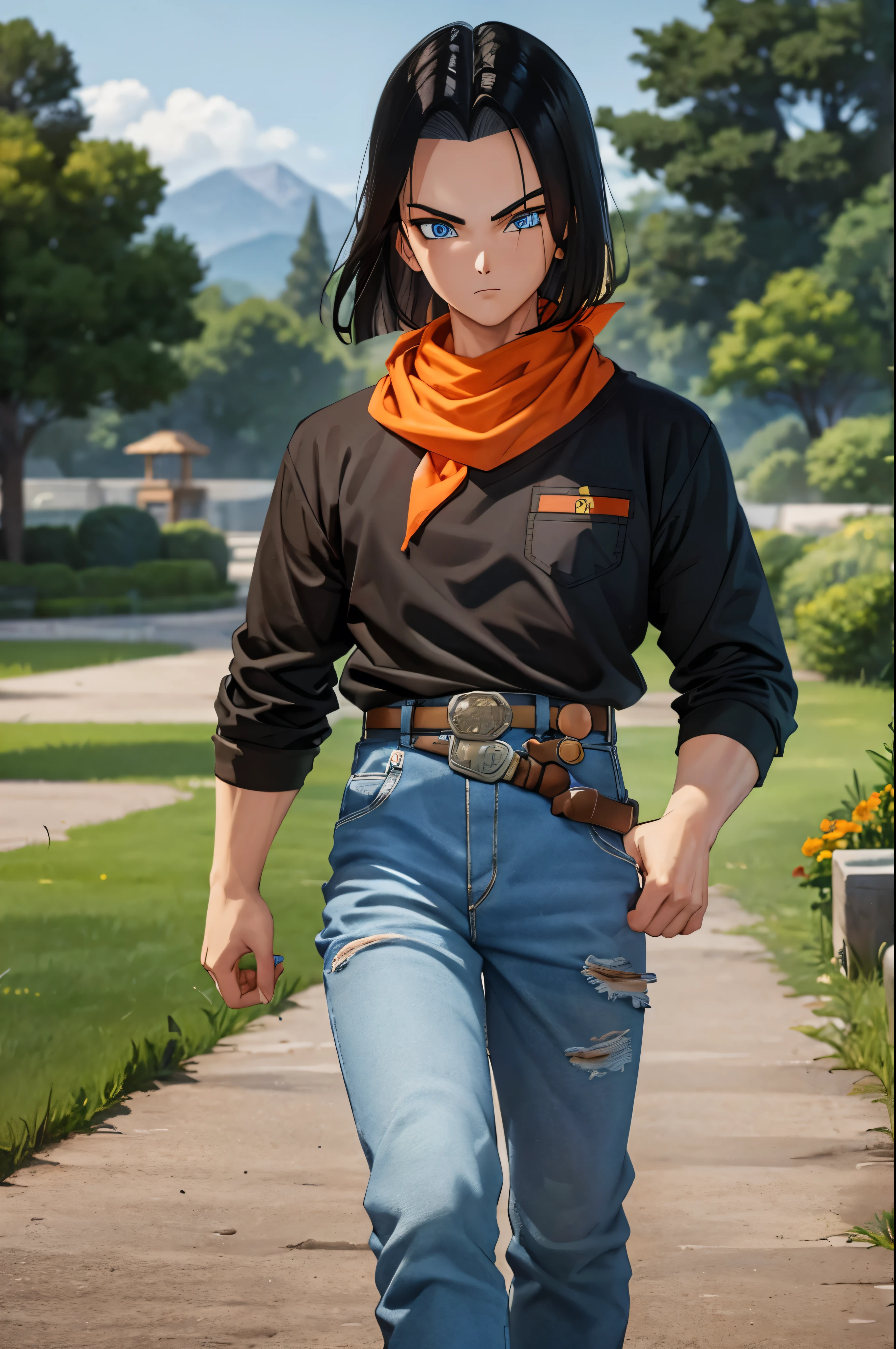 A masterpiece, best quality, detailed and expressive eyes, perfect facial features, high resolution, 1 boy, alone, android 17-inspired boy, (male body:1.3), blue eyes, black hair, parted hair, short hair, black shirt, jeans, layered shirt, white sleeves, orange bandana, blue sneakers, green socks, brown belt, red freckles, outdoor, landscape, standing, portrait, looking at viewer