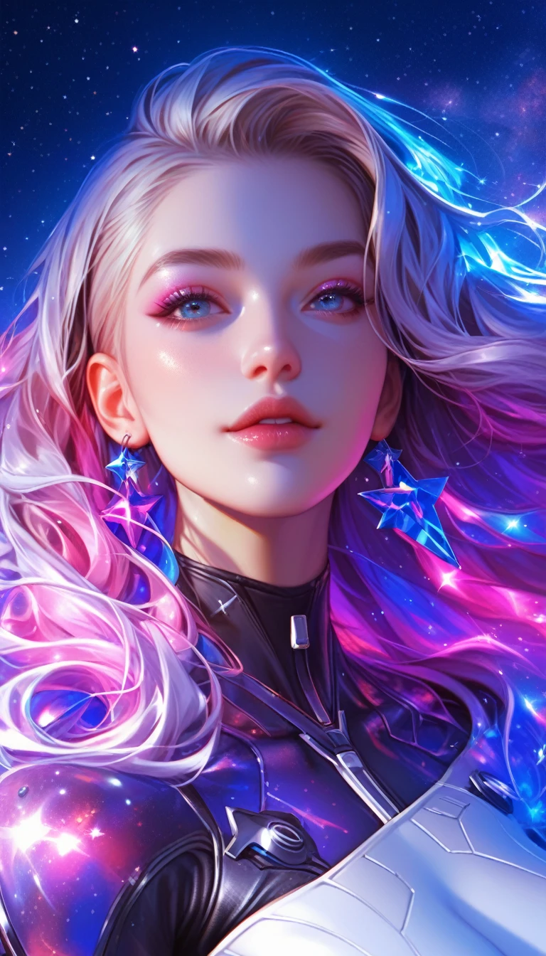 Attention to details, Super detail, ultra high resolution, Girl enjoying time in a fantasy galaxy., surrounded by stars, A warm light shines on her, The background is a starry sky.,There are colorful galaxies and galactic clouds., The stars flew around him, delicate face, Add a fun atmosphere ,