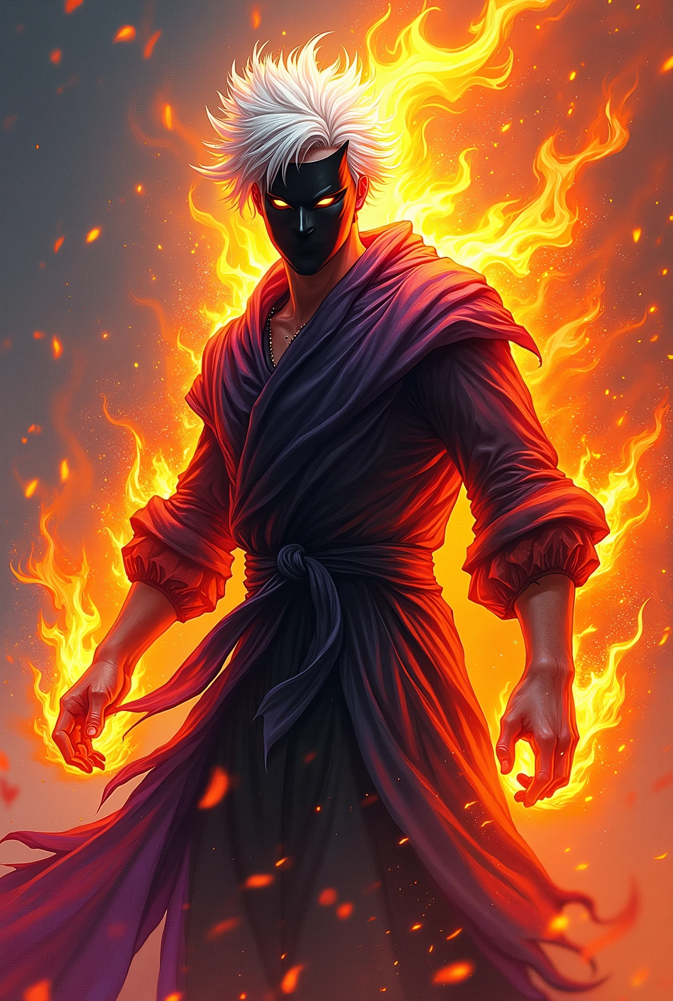 A character with an imposing and energetic appearance, wrapped in intense flames of vibrant colors ranging from orange to purple, creating a feeling of overwhelming power. His hair is white and messy, contrasting with a black mask covering his eyes, giving it an enigmatic and dangerous air. The character wears a dark tunic tied with a ribbon., while his body seems to emanate a fiery energy that distorts into chaotic patterns around him. The lines of fire and energy blend with your figure, highlighting his control over immense forces. The art style is colorful and dynamic, with thick strokes and fluid movements that convey a sense of action and supernatural power