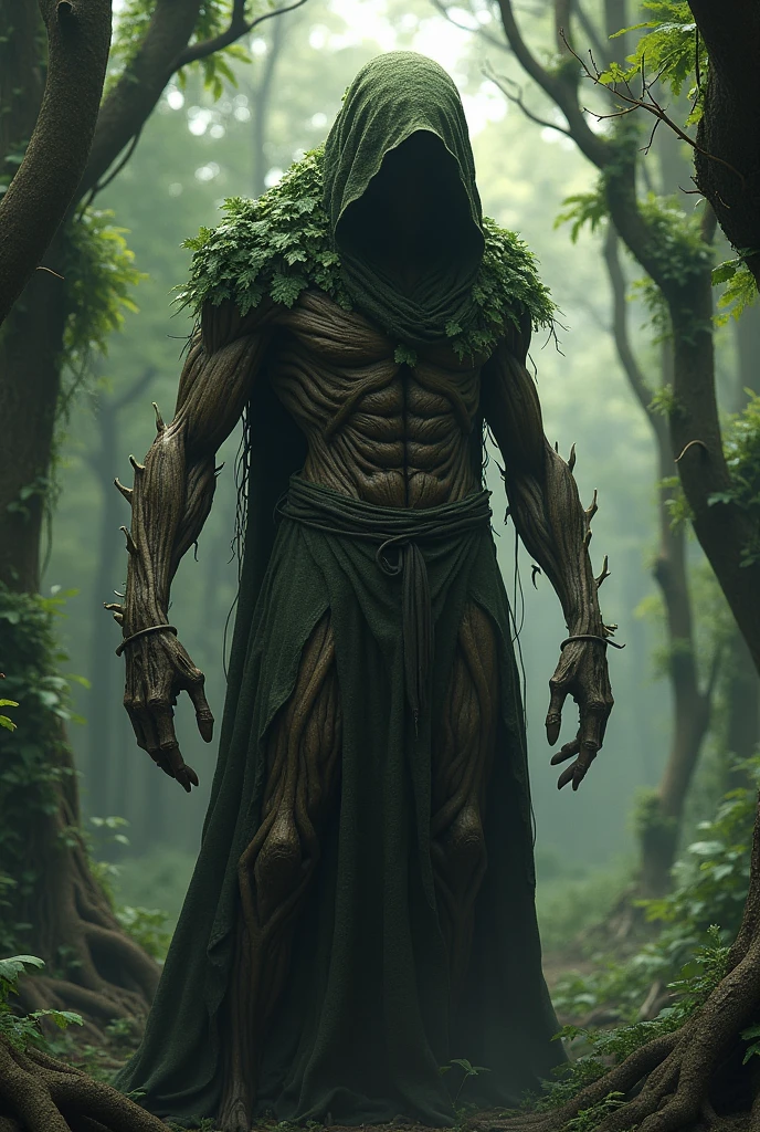 Create A whole body mythical creature that has this following features
- wearing a long hoodie
- the hoodie cover is like a leaves
- this creature dwells in trees
- an old human like form
- the body is like a wood
- it should be like a character from a dark fantasy
