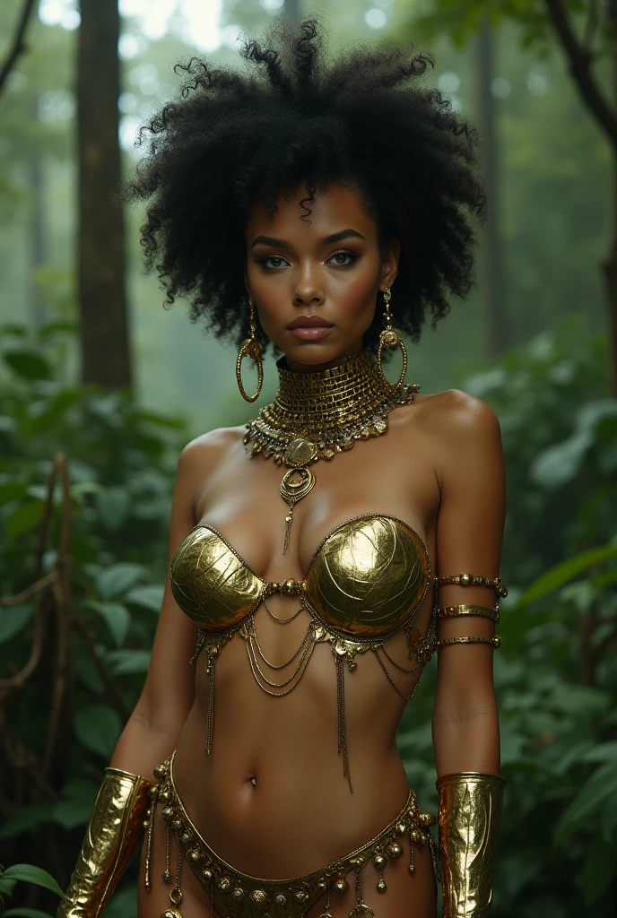 photo by full body, (Full cinematic footage), Accurate shot, ((whole figure visible)), the whole figure is visible, from head to toe, Woman only in gold body jewelry, Highly detailed texture of face and skin, ((Caucasian skin)) big green eyes, lean face, juicy lips, bimbo lips, large and swollen breast, gold jewelry covers the nipples ((black afro curly hair)), pale skin, detailedeyes, Double eyelids, cyberpunk BDSM gold metal jewelry, gold metal cyberpunk tapes on body, metal  collar, futuristic gold metal tiny panties, metallic panties, metallic sticker, metal cupless bra, Metallic clothing, gold body jewelry, skin wet, she is naked. ((Accurate shot)) Caucasian skin, it is a wild dark jungle with big trees. work of art