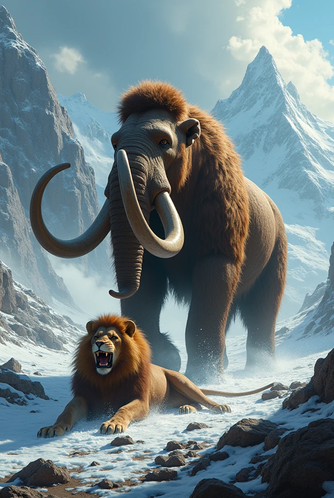 The image depicting the fight between a mammoth and a lion, with the mammoth victorious