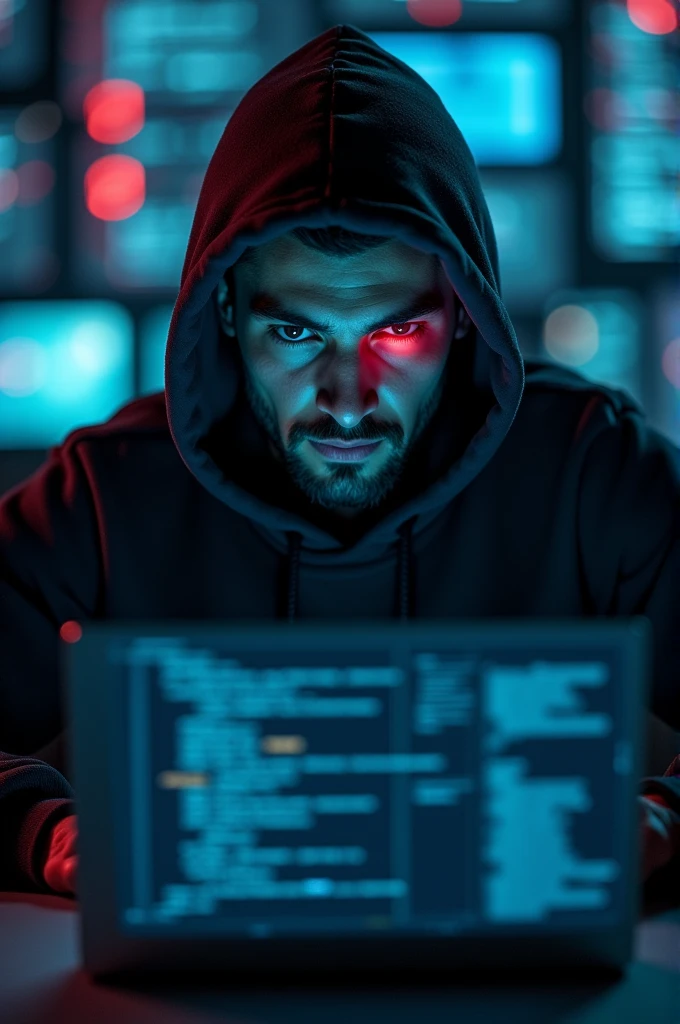 A man with laptop hacking and red eye with huddi