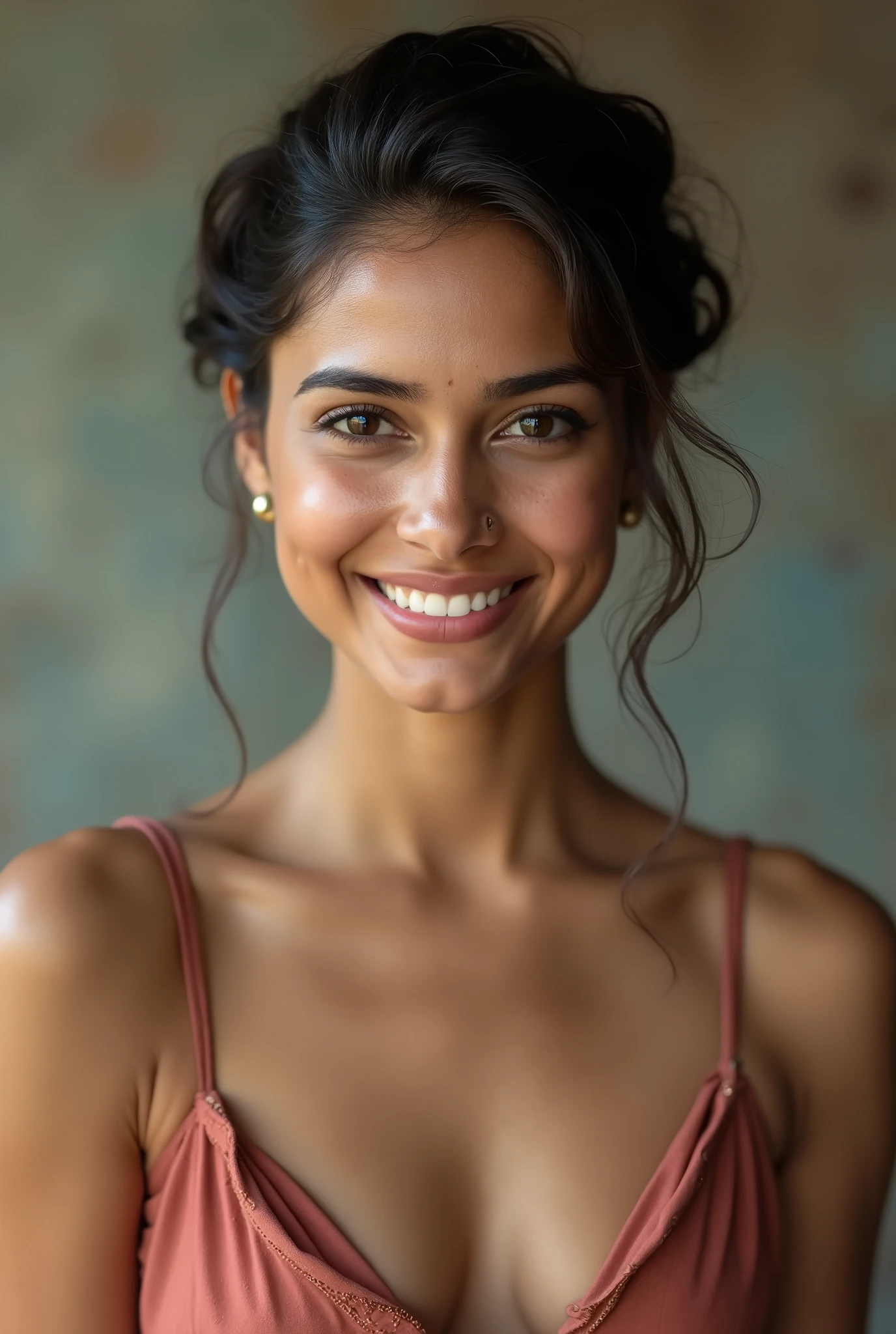 There is a young, Beautiful indian woman, who looks to the future like Katrina Kaif, Smiles into the camera, beautiful teeth, She looks into the camera, a portrait from raw photo, body, conservative modern color dress, ((hair Pixie Cut)),