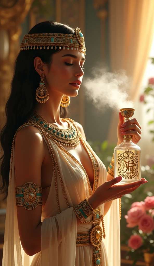 Cleopatra is seen spraying rosewater from an ornate glass bottle, the mist catching the light as it floats through the air. She stands in a lavish room filled with gold accents, flowers, and flowing curtains, her eyes closed as she enjoys the refreshing scent. The bottle itself is decorated with Egyptian symbols, and her outfit is adorned with gold and turquoise jewels.
