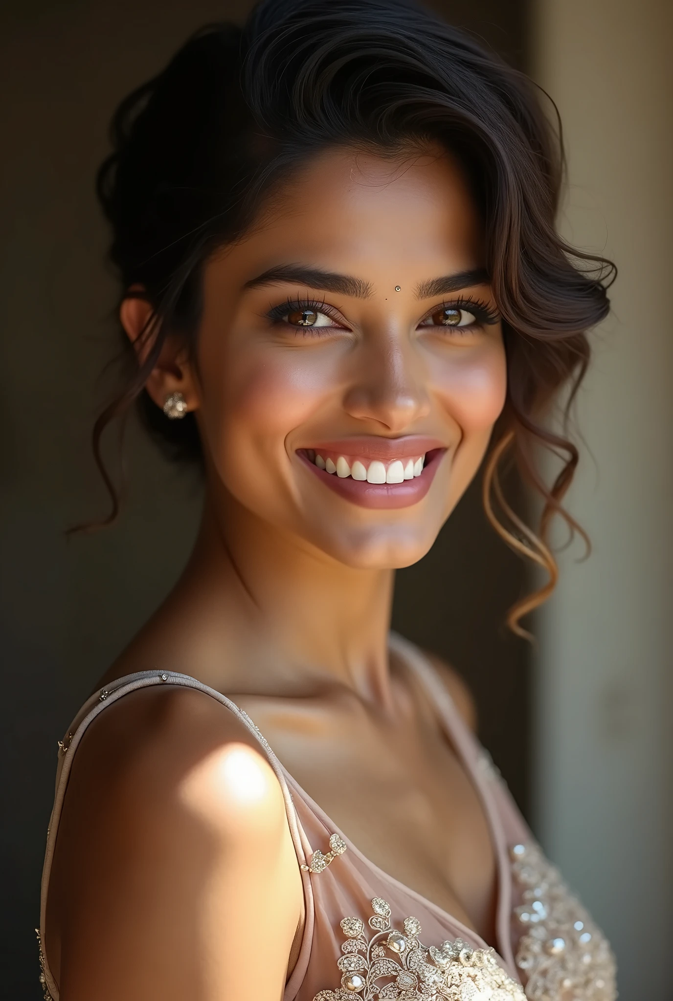There is a young, Beautiful indian woman, who looks to the future like Katrina Kaif, Smiles into the camera, beautiful teeth, She looks into the camera, a portrait from raw photo, body, conservative modern color dress, ((hair Pixie Cut)),