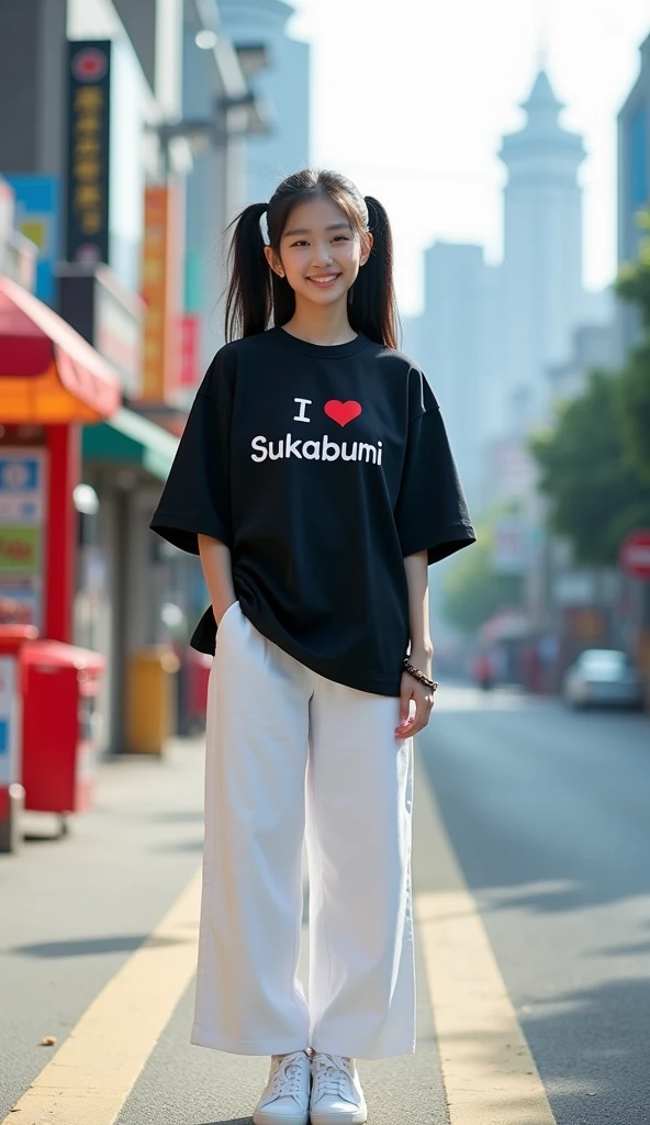 Hyper realistic photography, a beautiful korean girl, "Twintails black hair", was standing on the side of the road, wearing a black oversize t-shirt with writing "I love Sukabumi", wearing white pants, wearing white compass shoes, happy smiling, wearing a bracelet, street background, buildings, many, realistic highly detailed objects, looks real and clear, bright background not blur, natural 3D, 8k ultra hd