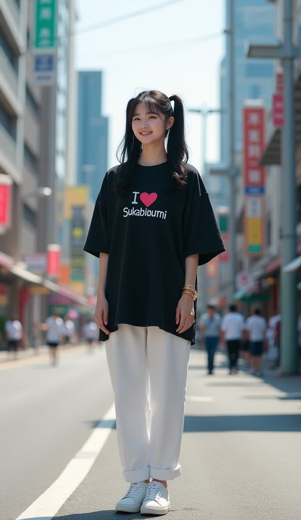 Hyper realistic photography, a beautiful korean girl, "Twintails black hair", was standing on the side of the road, wearing a black oversize t-shirt with writing "I love Sukabumi", wearing white pants, wearing white compass shoes, happy smiling, wearing a bracelet, street background, buildings, many, realistic highly detailed objects, looks real and clear, bright background not blur, natural 3D, 8k ultra hd