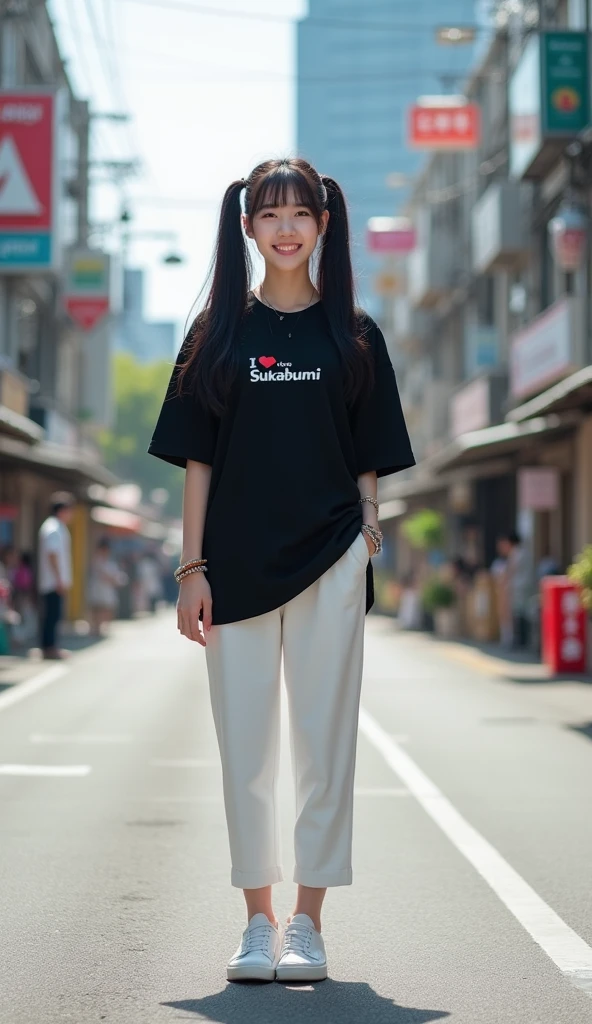 Hyper realistic photography, a beautiful korean girl, "Twintails black hair", was standing on the side of the road, wearing a black oversize t-shirt with writing "I love Sukabumi", wearing white pants, wearing white compass shoes, happy smiling, wearing a bracelet, street background, buildings, many, realistic highly detailed objects, looks real and clear, bright background not blur, natural 3D, 8k ultra hd