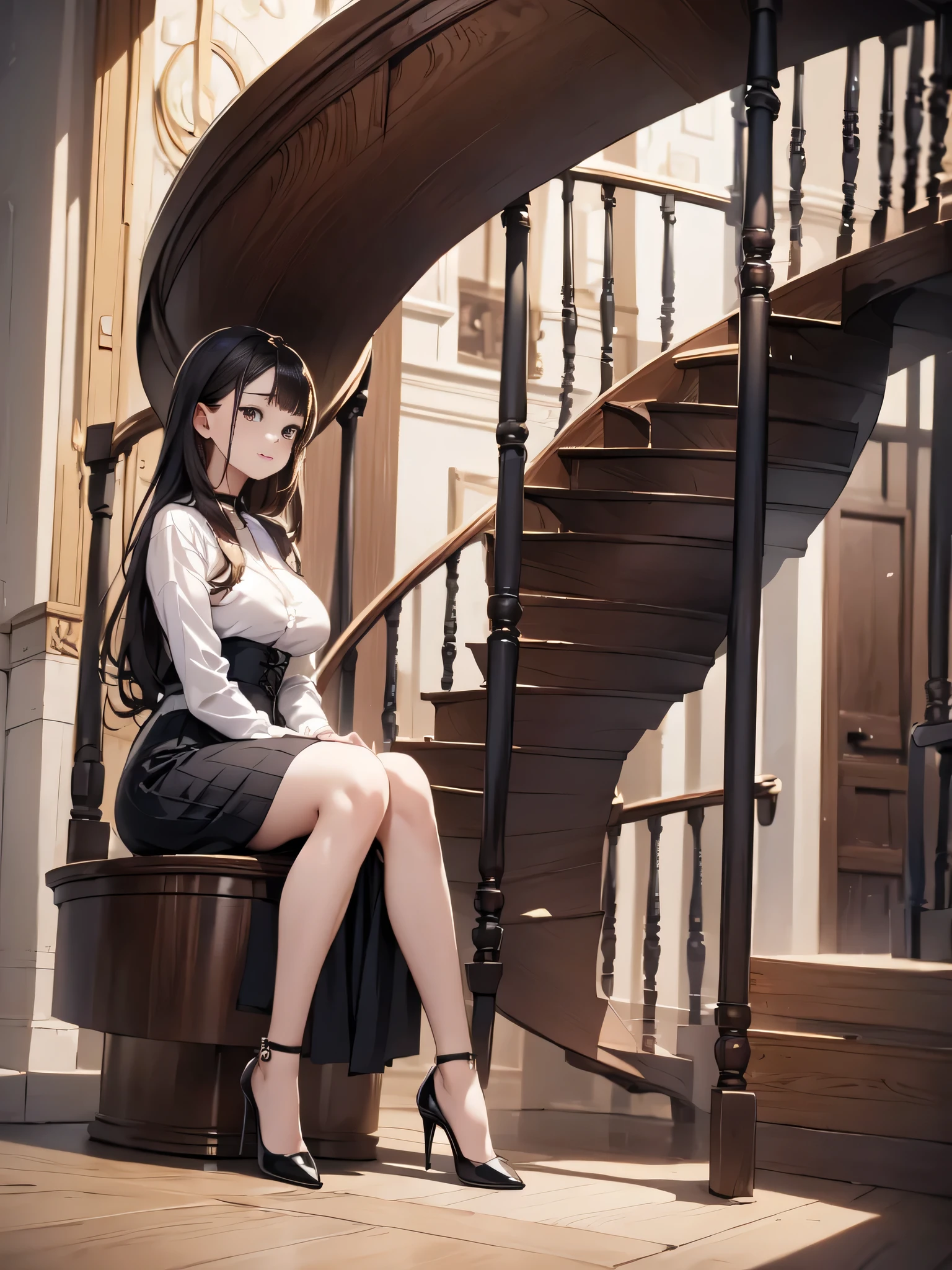(masterpiece:1.3),(best quality, highest quality),((Full Body Shot,Including face)),1girl,4K,masterpiece,((Focus on the face)),((Symmetrical facial features)),Beautiful woman,slender,Beautiful feet,((enamel,Gloss,Striped long skirt,High heels,Black Garters,Tockings)),Detailed depiction of the face(Hotel,Sit on the spiral staircase:1.5),corset,Panty shot