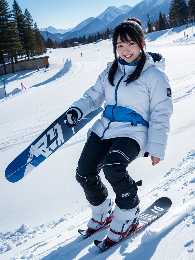 Japanese female android,Black Hair,White and blue robot suit,Plump,Snowboarding at the ski resort,smile