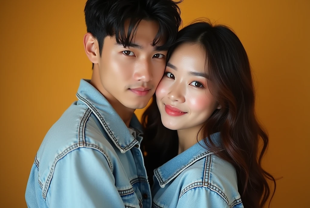 A handsome Korean young man and his beautiful girlfriend are engaged in a cozy embrace during a photoshoot. The girlfriend, with a heart-shaped face and smooth, fair skin, radiates a natural glow. Her almond-shaped, deep brown eyes are warm and inviting, framed by well-defined eyebrows with a gentle arch. She has a small, straight nose with a soft, slightly rounded tip and full, naturally pink lips that curve into a subtle, inviting smile. High cheekbones enhance her refined appearance, and her soft waves of hair gracefully frame her face. She is wearing a trendy smiley face denim outfit—light-wash denim jacket and jeans with playful smiley face patterns. Both are looking directly at the camera, capturing their affectionate connection and her cheerful yet elegant style in a warm, engaging photoshoot setting.