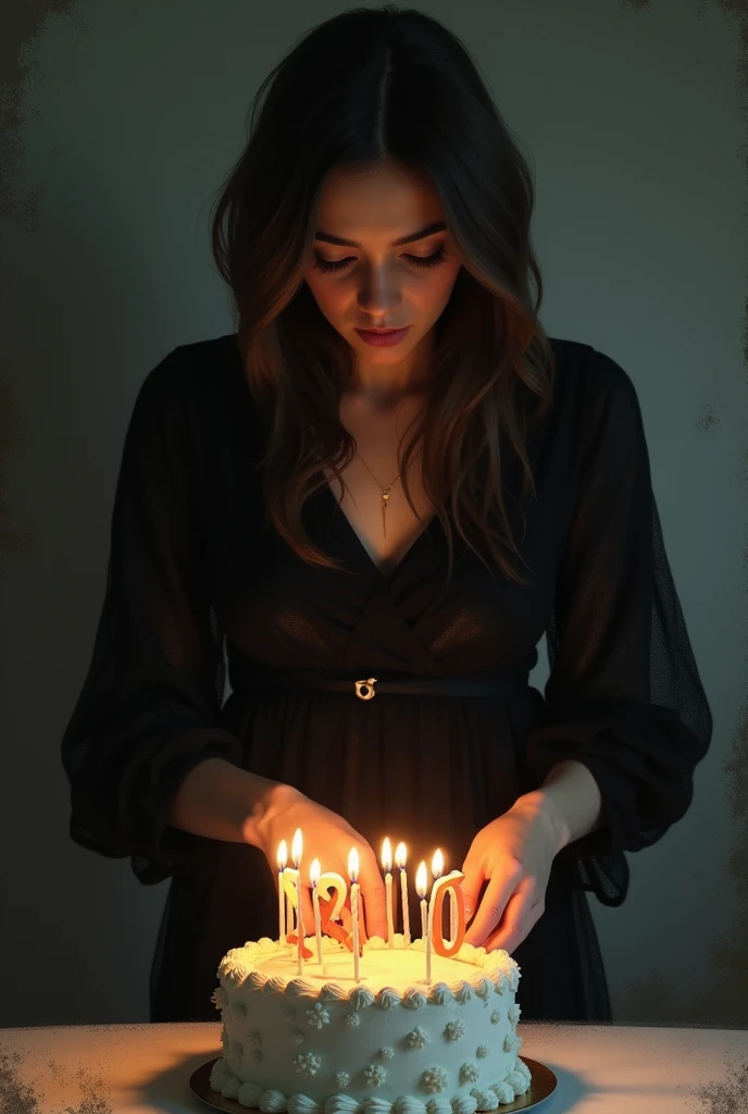 The along women celebrate his birthday along and his cutting a cake and his face full of sadness . On the cake 20 letter number candles and his waring a black dress with full sleeve hand 
