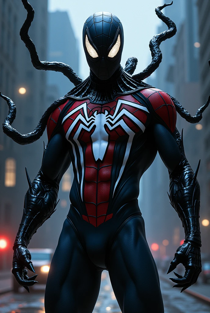 「Dark and eerie night city background、Spider-Man&#39;s iconic red and blue suit has been completely taken over by Venom&#39;s black symbiote.、It has transformed into a horrible sight。The entire suit has a jet black luster.、It moves smoothly, almost as if it were liquid and alive.。On the chest is the white spider emblem, the symbol of Spider-Man.、It is depicted in a sharply distorted form.、Entangled in a black symbiote。The eyes shine eerily sharply、Unlike regular Spider-Man eyes、It emits a cold light like a wild beast.。

Behind him are countless tentacles of the symbiote.、It stretches and undulates like a living thing.、At the tip of the blade is a sharp claw。The tentacles wrap around the surrounding buildings.、Moving as if trying to catch prey。Spider-Man&#39;s pose is aggressive、The hands that have taken on the shape of claws are sharp.、I&#39;m about to tear something apart。The whole atmosphere is gloomy、The film emphasizes how Spider-Man, a dark hero, descends into evil under the influence of Venom.。」