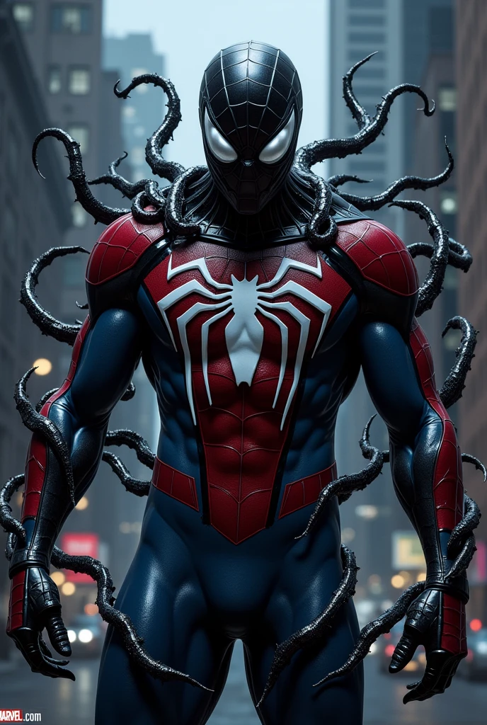 「Dark and eerie night city background、Spider-Man&#39;s iconic red and blue suit has been completely taken over by Venom&#39;s black symbiote.、It has transformed into a horrible sight。The entire suit has a jet black luster.、It moves smoothly, almost as if it were liquid and alive.。On the chest is the white spider emblem, the symbol of Spider-Man.、It is depicted in a sharply distorted form.、Entangled in a black symbiote。The eyes shine eerily sharply、Unlike regular Spider-Man eyes、It emits a cold light like a wild beast.。

Behind him are countless tentacles of the symbiote.、It stretches and undulates like a living thing.、At the tip of the blade is a sharp claw。The tentacles wrap around the surrounding buildings.、Moving as if trying to catch prey。Spider-Man&#39;s pose is aggressive、The hands that have taken on the shape of claws are sharp.、I&#39;m about to tear something apart。The whole atmosphere is gloomy、The film emphasizes how Spider-Man, a dark hero, descends into evil under the influence of Venom.。」