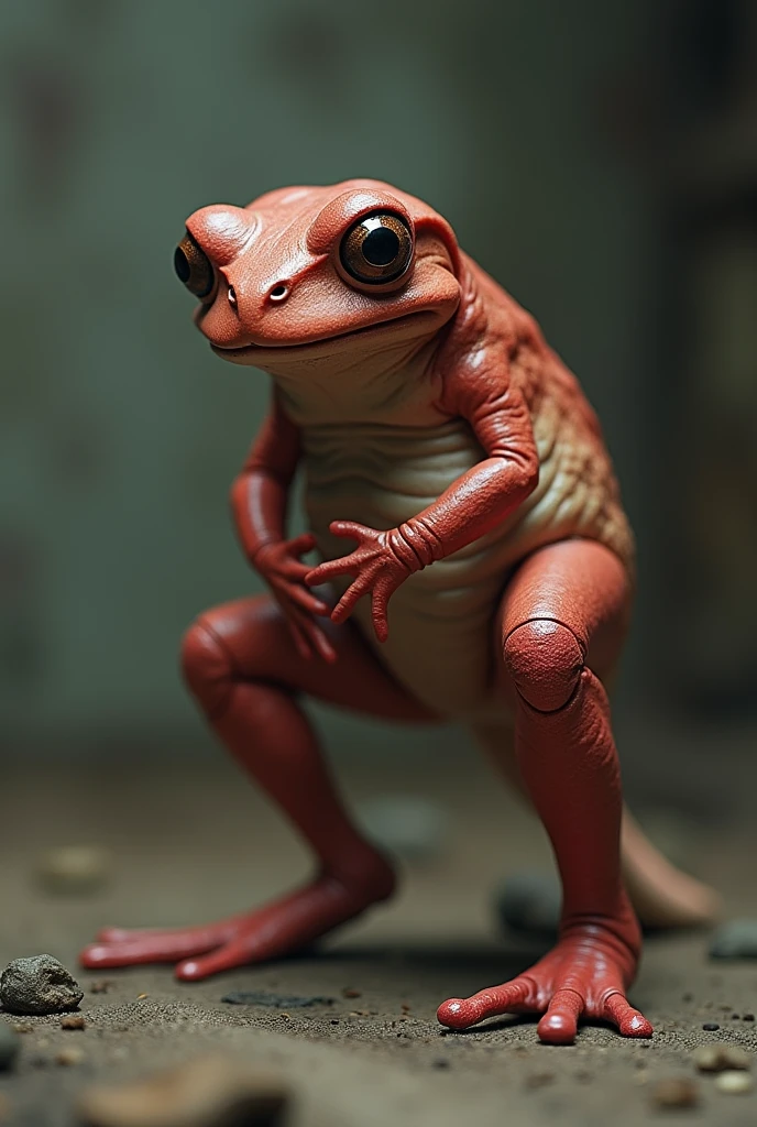A toad with legs like a kangaroo, reddish tint, Small size, of pain