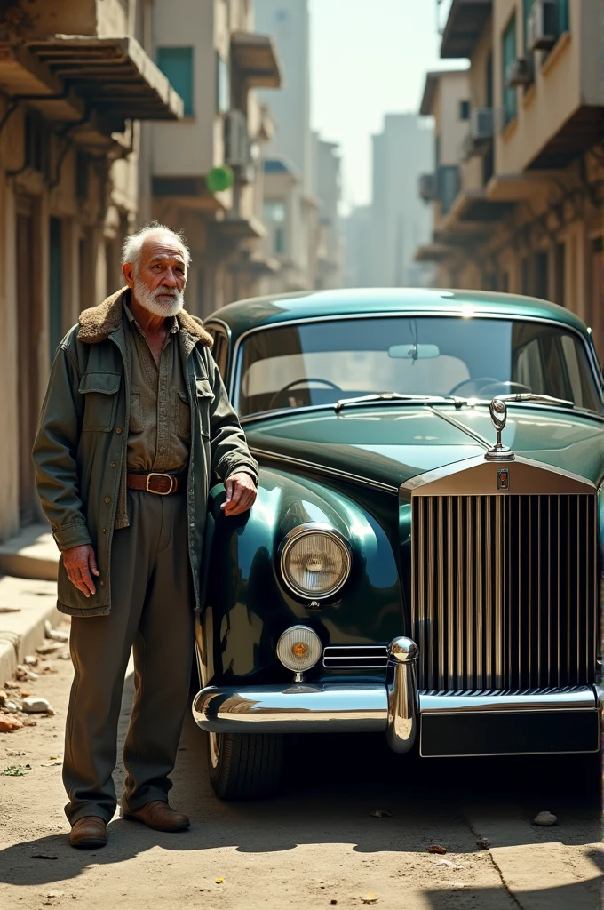 Old poor man with a fancy car