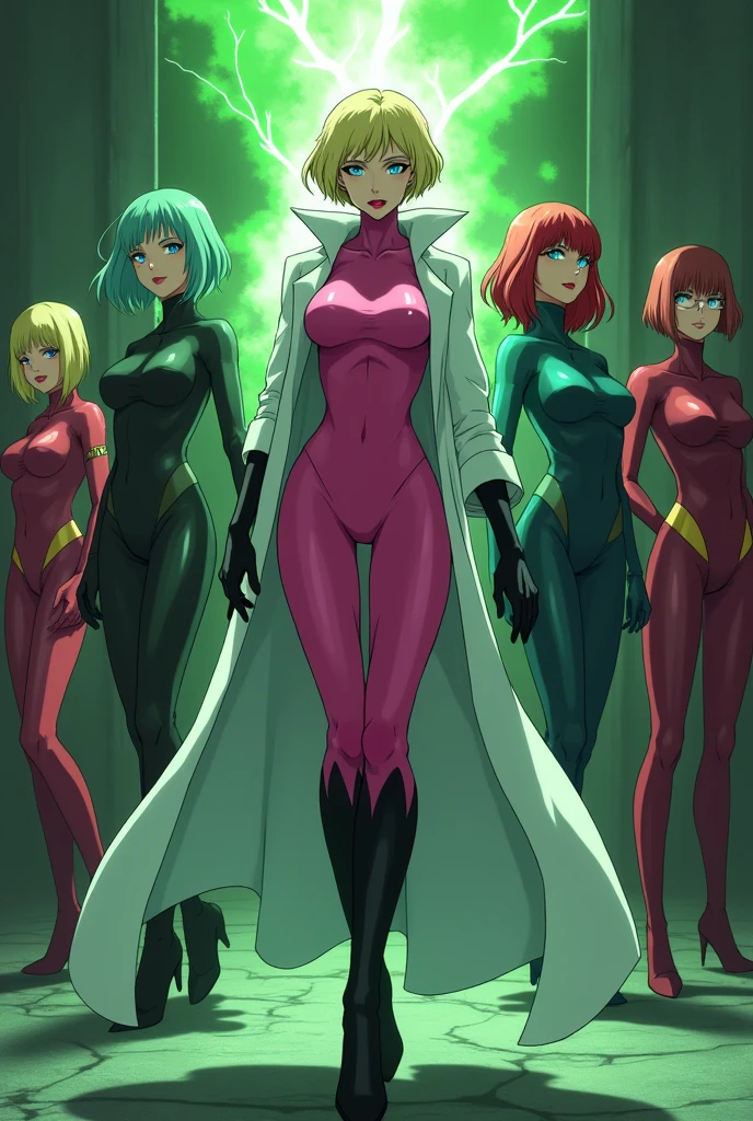 Anime style, team image of a supervillain group. A Sultry and Beautiful young woman with a soul of pure evil and hatred. Short blonde hair that covers her left eye and blue eyed supervillain dressed in a sleek skintight pink bodysuit, long black gloves and black calf high boots. A long white lab coat over her bodysuit competes the look. She is posing and emanating green energy. She has a smile crossing her thin red lips. 2 other women in costumes and an imposing man make up the rest of the team