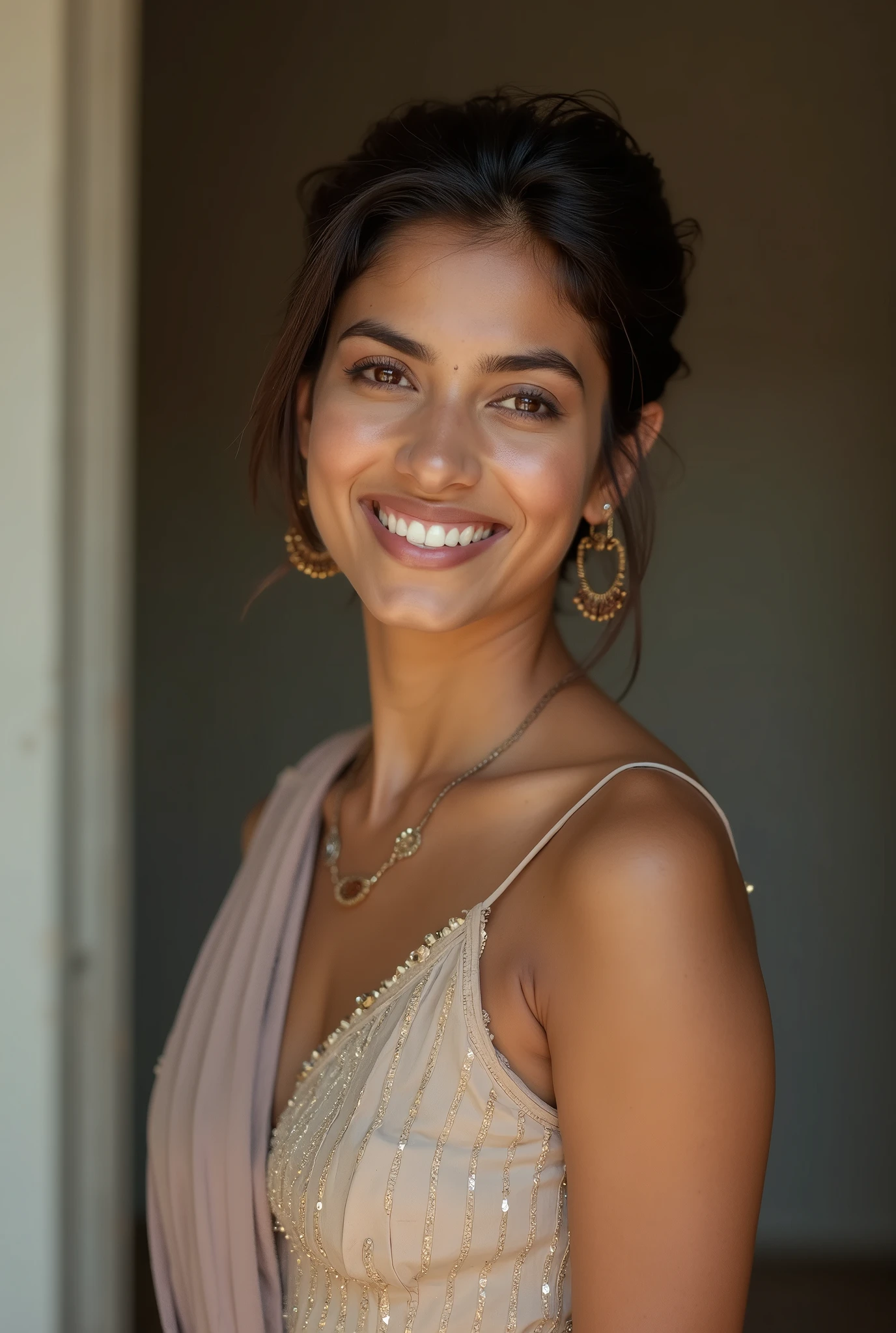 a Realistic photo of 4l1c14s1 woman, long hair, breasts, looking at viewer, blonde hair, simple background, brown hair, shirt, cleavage, jewelry, teeth, grey background, necklace, grin, lips, realistic, soft lighting, professional Photography, Photorealistic, detailed eyes, RAW, analog, sharp focus, 8k, HD, DSLR, high quality, Fujifilm XT3, film grain, award winning, masterpiece