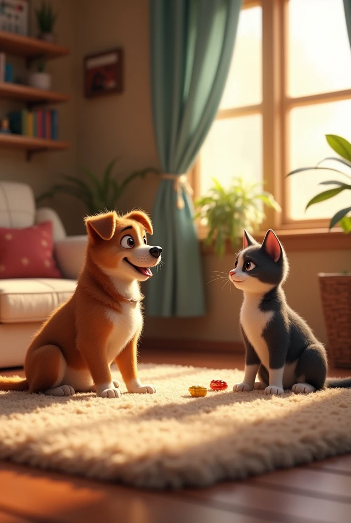 A cozy living room where a playful dog, Buddy, and a curious cat, Whiskers, are lounging on a comfy rug. They're having a serious discussion about their human friend Adra's upcoming birthday.