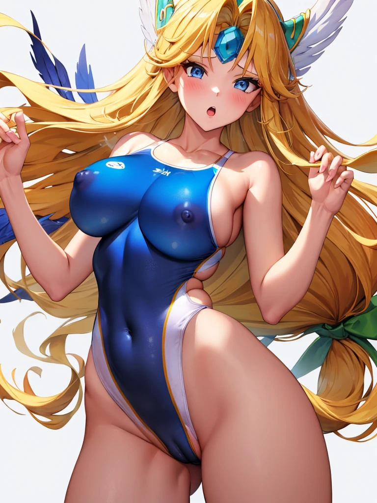 (White background, 1girl:1.4), BREAK,Long blonde hair, blue eyes,Narrow waist,voluptuous Breasts,(one-piece competitive swimwear,one-piece competition swimsuit:1.6), blush,Open your mouth,(covered nipples:1.2)