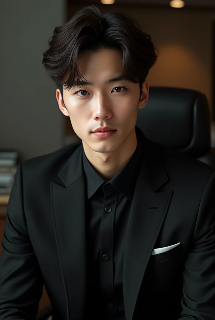 (photorealism:1.2) hot young man, no facial hair, asian, perfect face, pale white skin, brown eyes , brown hair, fluffy hair, Overgrown Side and Back hair with a Long Messy bangs, chin length hair, sleek hair, handsome man sitting on business chair in an all black suit, black dress shirt