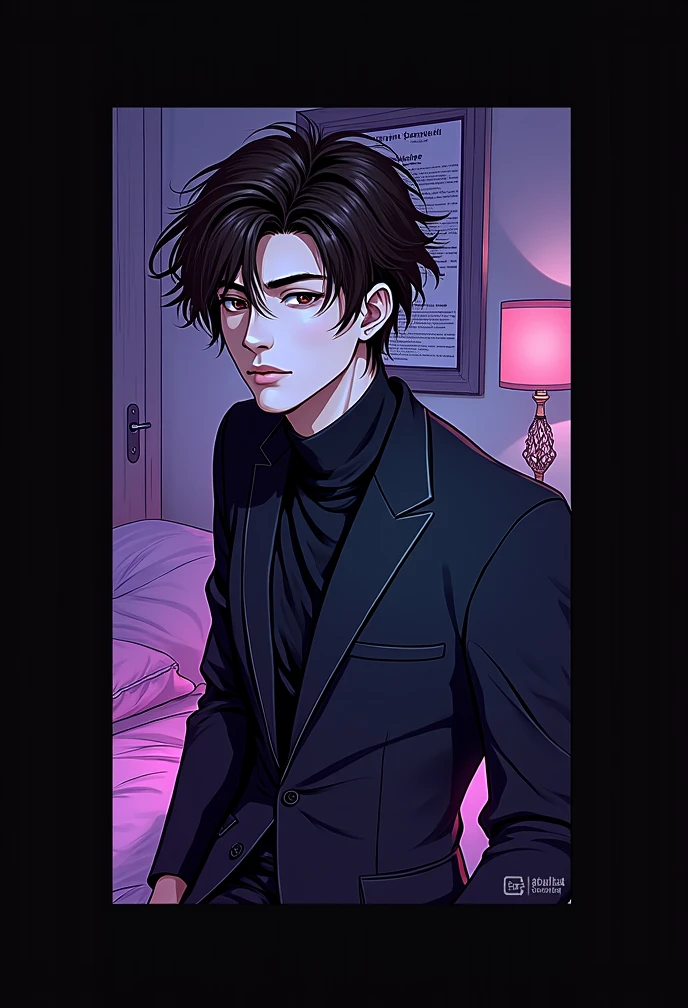 (photorealism:1.2) hot young man, no facial hair, asian, perfect face, pale white skin, brown eyes , brown hair, fluffy hair, Overgrown Side and Back hair with a Long Messy bangs, sleek hair, handsome man sitting on bed in an all black suit, black dress shirt, cute man