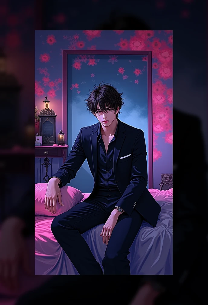 (photorealism:1.2) hot young man, no facial hair, asian, perfect face, pale white skin, brown eyes , brown hair, fluffy hair, Overgrown Side and Back hair with a Long Messy bangs, sleek hair, handsome man sitting on bed in an all black suit, black dress shirt, cute man