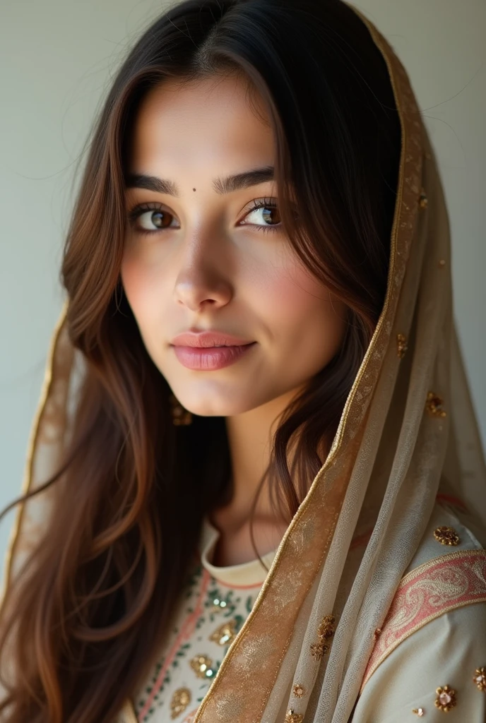 Long brown hairs , healthy figure with 5.00 feet height she is 20 yearrs old , light brown skin tone , sharp nose wearing shalwarkameez , she is pakistani and also wore dupatta on head and only give face pic