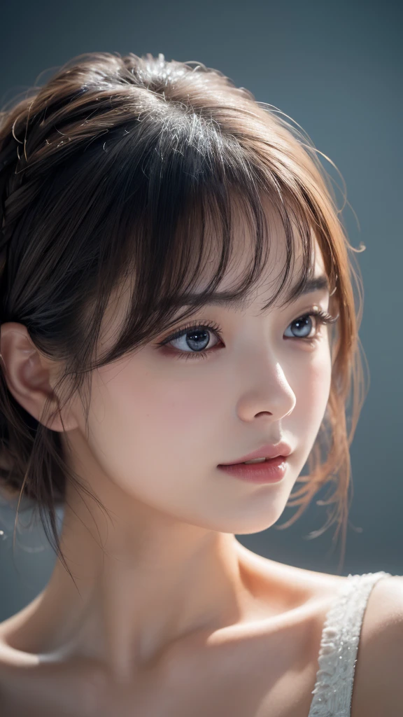 a beautiful young girl, 1girl, extremely detailed eyes and face, beautiful detailed eyes, beautiful detailed lips, longeyelashes, realistic skin, wet and messy hair, realistic fabric, deep dark eyes, graceful face, looking directly at viewer, movie-like cinematic style, detailed hair strands, perfect makeup, light and shadow effects, clair obscur, clear blue sky background, ponytail, realistic lighting, (best quality,4K,8k,highres,masterpiece:1.2),ultra-detailed,(realistic,photorealistic,photo-realistic:1.37),vivid colors,HDR,uhd,studio lighting,ultra-fine painting,sharp focus,physically-based rendering,extreme detail description,professional,smiling,full body,large breasts,short hair,blushing,slightly open mouth,blurred background、Close-up, look up, Wide-angle shot, 