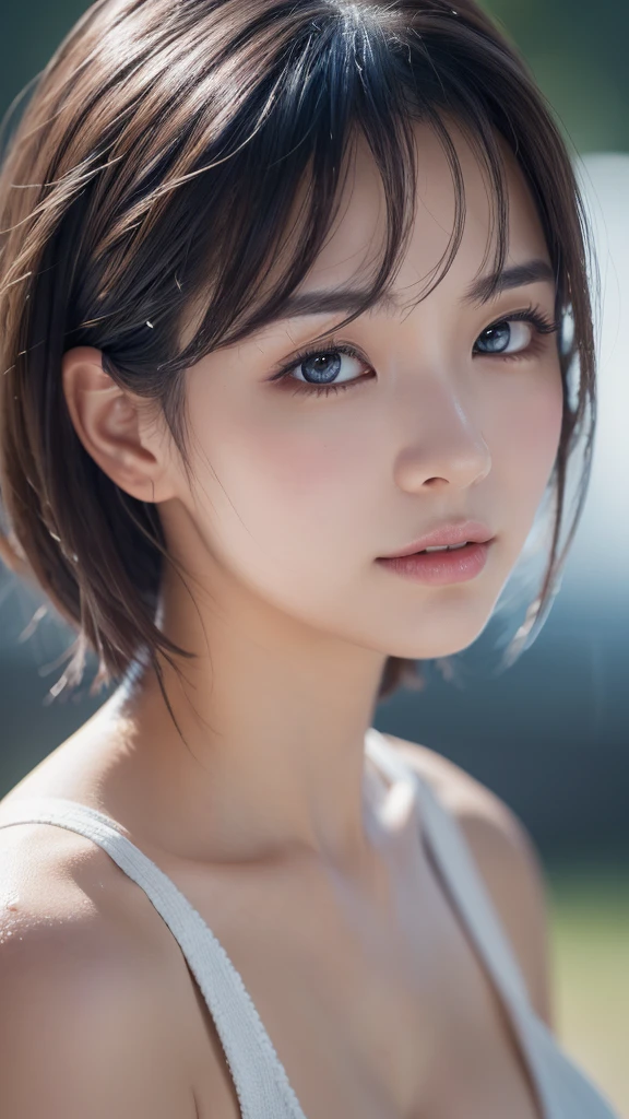 a beautiful young girl, 1girl, extremely detailed eyes and face, beautiful detailed eyes, beautiful detailed lips, longeyelashes, realistic skin, wet and messy hair, realistic fabric, deep dark eyes, graceful face, looking directly at viewer, movie-like cinematic style, detailed hair strands, perfect makeup, light and shadow effects, clair obscur, clear blue sky background, ponytail, realistic lighting, (best quality,4K,8k,highres,masterpiece:1.2),ultra-detailed,(realistic,photorealistic,photo-realistic:1.37),vivid colors,HDR,uhd,studio lighting,ultra-fine painting,sharp focus,physically-based rendering,extreme detail description,professional,smiling,full body,large breasts,short hair,blushing,slightly open mouth,blurred background、Close-up, look up, Wide-angle shot,